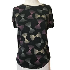 Black Metallic Geometric Print Short Sleeve Blouse Size Small